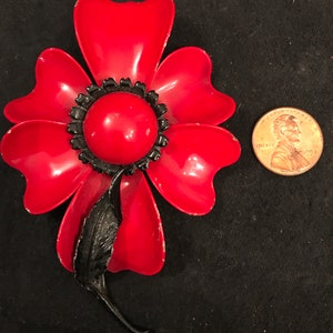 Vintage 60s Enamel Flower Power Pin or Brooch, Red and Black