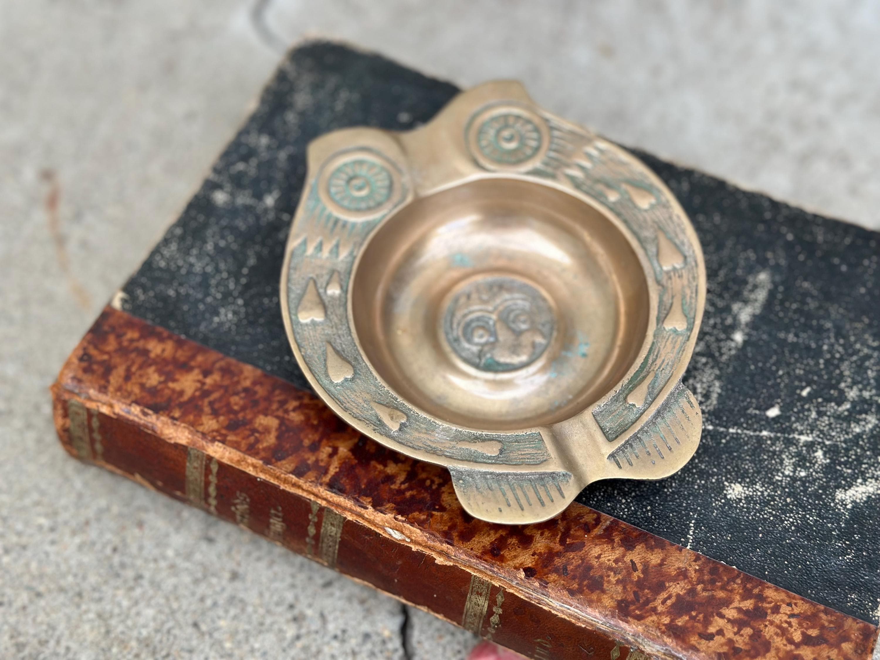 Vintage Brass Owl Ashtray Trinket Dish Tobacciana Korea Unpolished Patina