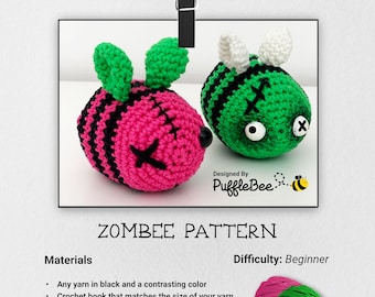 Amigurumi Zombie Bee Crochet Pattern. Fast, fun & easy to make! Perfect Halloween gift. Language: English