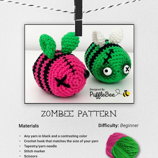 Amigurumi Zombie Bee Crochet Pattern. Fast, fun & easy to make! Perfect Halloween gift. Language: English