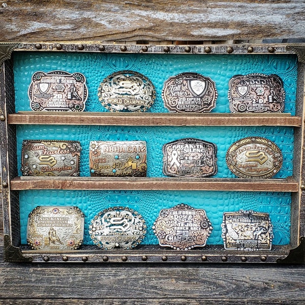 BLOWOUT SALE 12 count belt buckle display, Blue TURQUOISE Gator