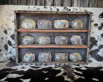 12 count belt buckle display, case.  Wood. BARNWOOD BROWN
