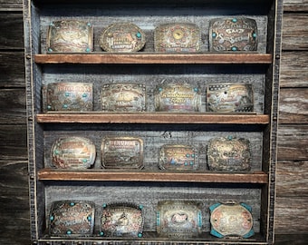 16 count buckle display, case, box, WOOD, barnwood brown