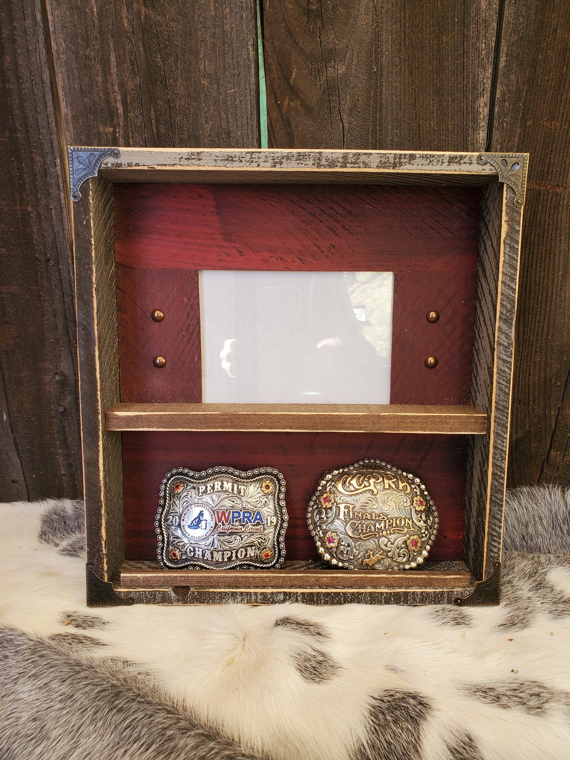 5x7 belt buckle display case. Barn Red with barnwood brown Etsy