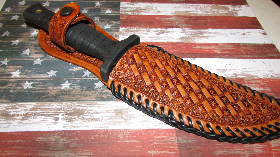 Saddle Tan Knife Sheath With Basket Weave Etsy