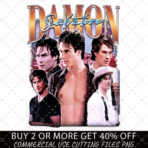 Op de afbeelding: Een collage van afbeeldingen van Damon Salvatore uit de tv-serie The Vampire Diaries. De afbeeldingen zijn in een retro-stijl met de tekst "Damon Salvatore" in een vet, oranje lettertype.