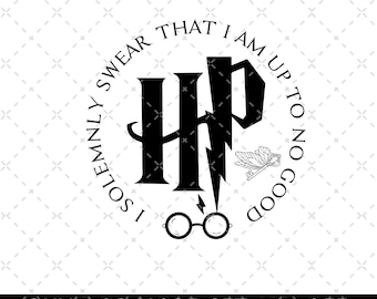 May include: Black and white graphic design featuring the Harry Potter logo, a lightning bolt, and the text "I solemnly swear that I am up to no good".