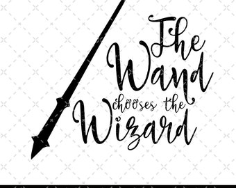 May include: Black and white digital download of a wand and the text "The Wand chooses the Wizard".