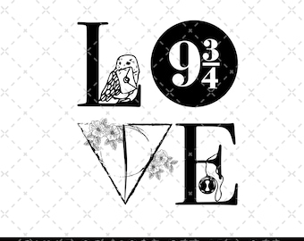 May include: Black and white graphic design featuring the word "LOVE" with a Hogwarts-themed design. The "L" features an owl carrying a letter, the "O" is a circle with the number "9 3/4" inside, the "V" is a triangle with a stamp and flowers, and the "E" has a keyhole and a dangling key.