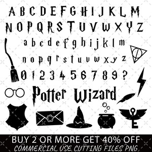 May include: Black and white digital clipart featuring a font set with uppercase and lowercase letters, numbers, and punctuation marks. The font is inspired by the Harry Potter series. The clipart also includes a broom, glasses, a lightning bolt, a feather, a cauldron, a hat, a letter, a key, and a shield. The text "Potter Wizard" is included in the clipart. The text "BUY 2 OR MORE GET 40% OFF COMMERCIAL USE CUTTING FILES PNG" is also included in the clipart.