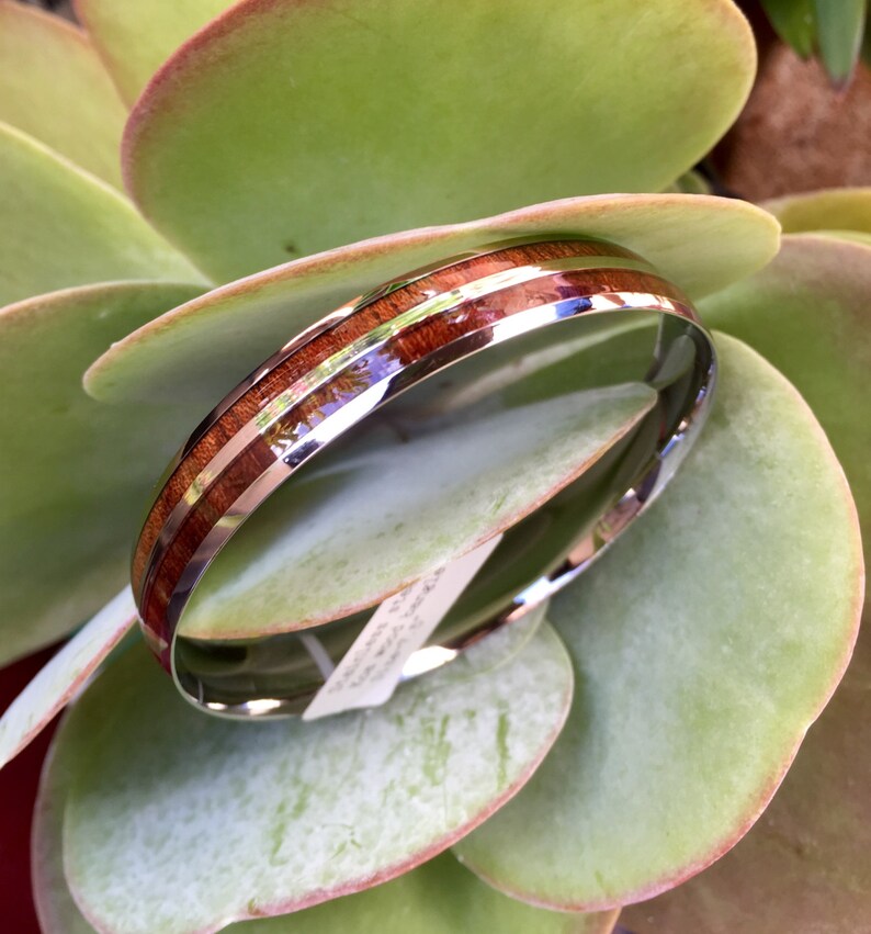 Hawaiian Double Koa Wood Stainless Steel Bangle Bracelet, Koa Wood and