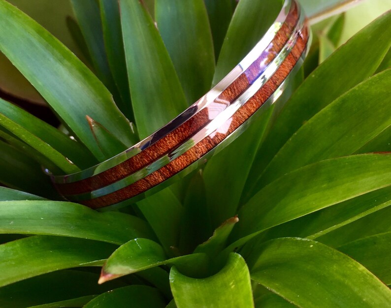 Hawaiian Double Koa Wood Stainless Steel Bangle Bracelet, Koa Wood and