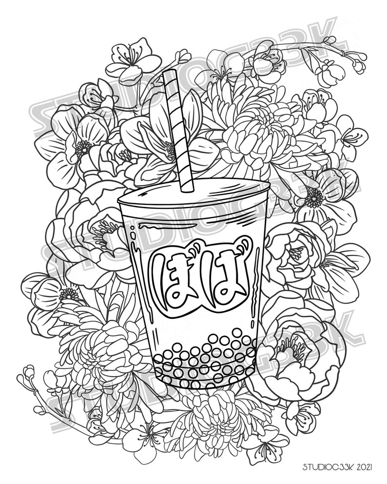 Boba Tea Floral Printable Digital Download Coloring Page Etsy Uk