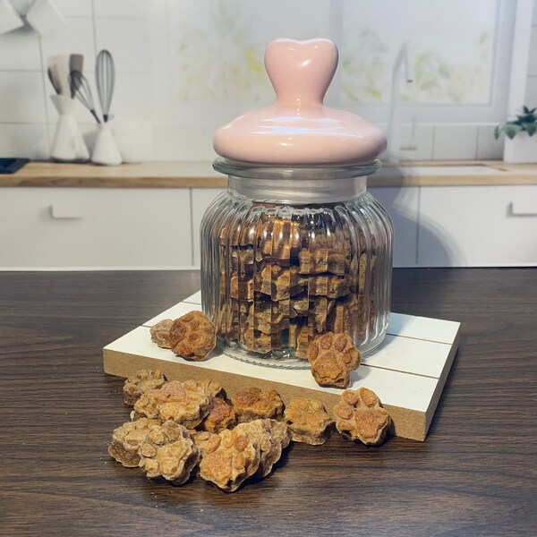 Valentine's Day Pink Ceramic Heart Dog Treat Jar w/ Homemade All Natural Crunchy Peanut Butter | Apple & Oats | Pumpkin Paw Print Dog Treats