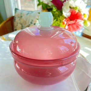 Antique PINK! opaline glass dish with lid and white finial handle // lidded bowl // puff box // Steven and Williams // Made in England