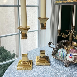 Pair of vintage brass and lucite candleholders // Decorative Crafts //taper or column candle // Hollywood Regency // contemporary // 1980s