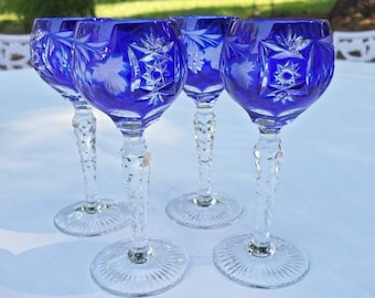 Set of 4 cobalt cut to clear cordial glasses // cut crystal // Nachtmann? // shot glasses // colorful glassware // elegant // vintage