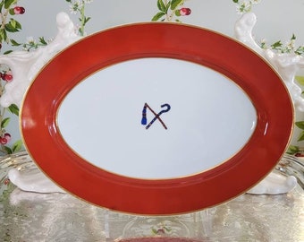 Fitz and Floyd "Ramses" serving platter // 14" oval platter // 1977 // Egyptian motif // gold rim // deep orange band // Crook and Flail