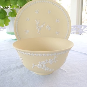 Wedgwood Jasperware Primrose Yellow Prunus plate and bowl set // plum blossom / classical relief // pale yellow and white // made in England