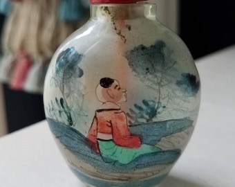 Rabbit Bunny Vintage Chinese Glass Reverse Hand Paint Peking Snuff Bottle