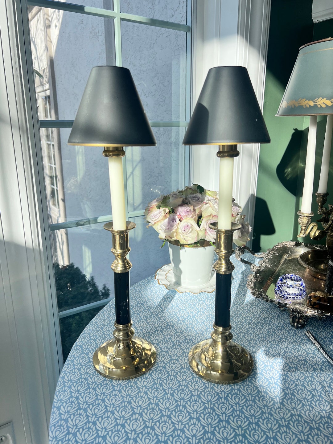 Pair of Vintage Black / Brass Candleholders With Candle Chasers and