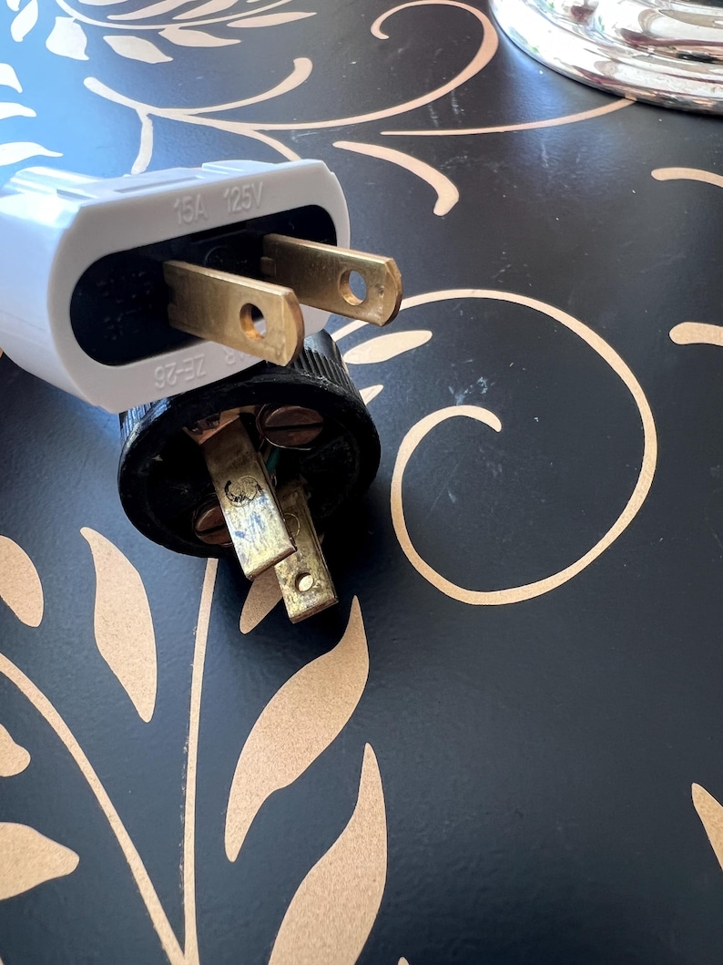 K&ouml;nnte beinhalten: Nahaufnahme von zwei elektrischen Steckern. Einer ist wei&szlig; mit der Aufschrift "15A 125V", der andere ist schwarz. Beide haben goldfarbene Stifte. Der Hintergrund ist eine schwarze Oberfl&auml;che mit einem goldenen Blumenmuster.
