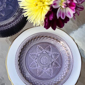 Stunning set of 8 Antique Amethyst glass luncheon plates // Cristal D Arques Durand amethyst glass plates // glass dessert plates