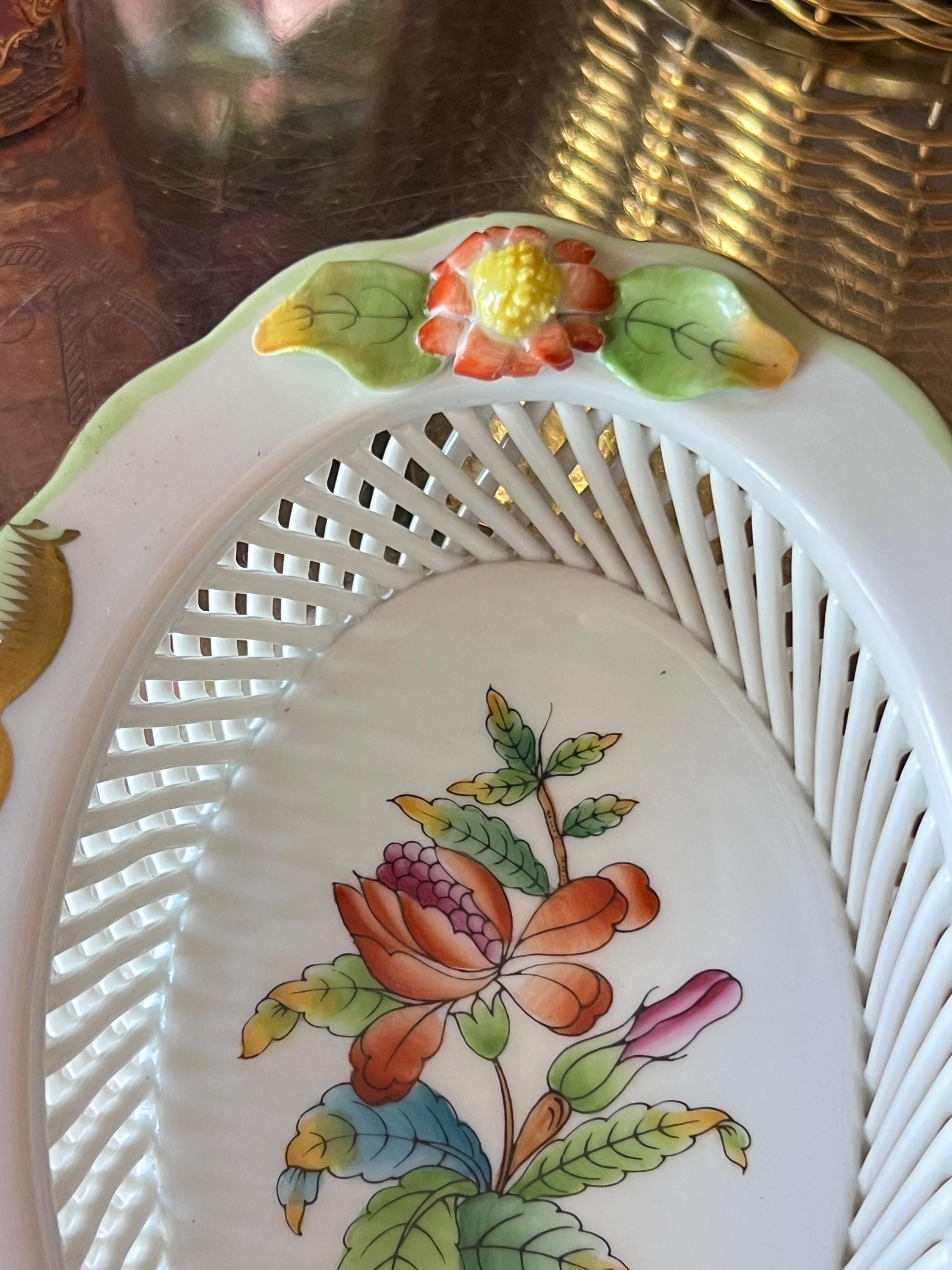 Herend Queen Victoria Open Work Oval Basket With Applied Flowers