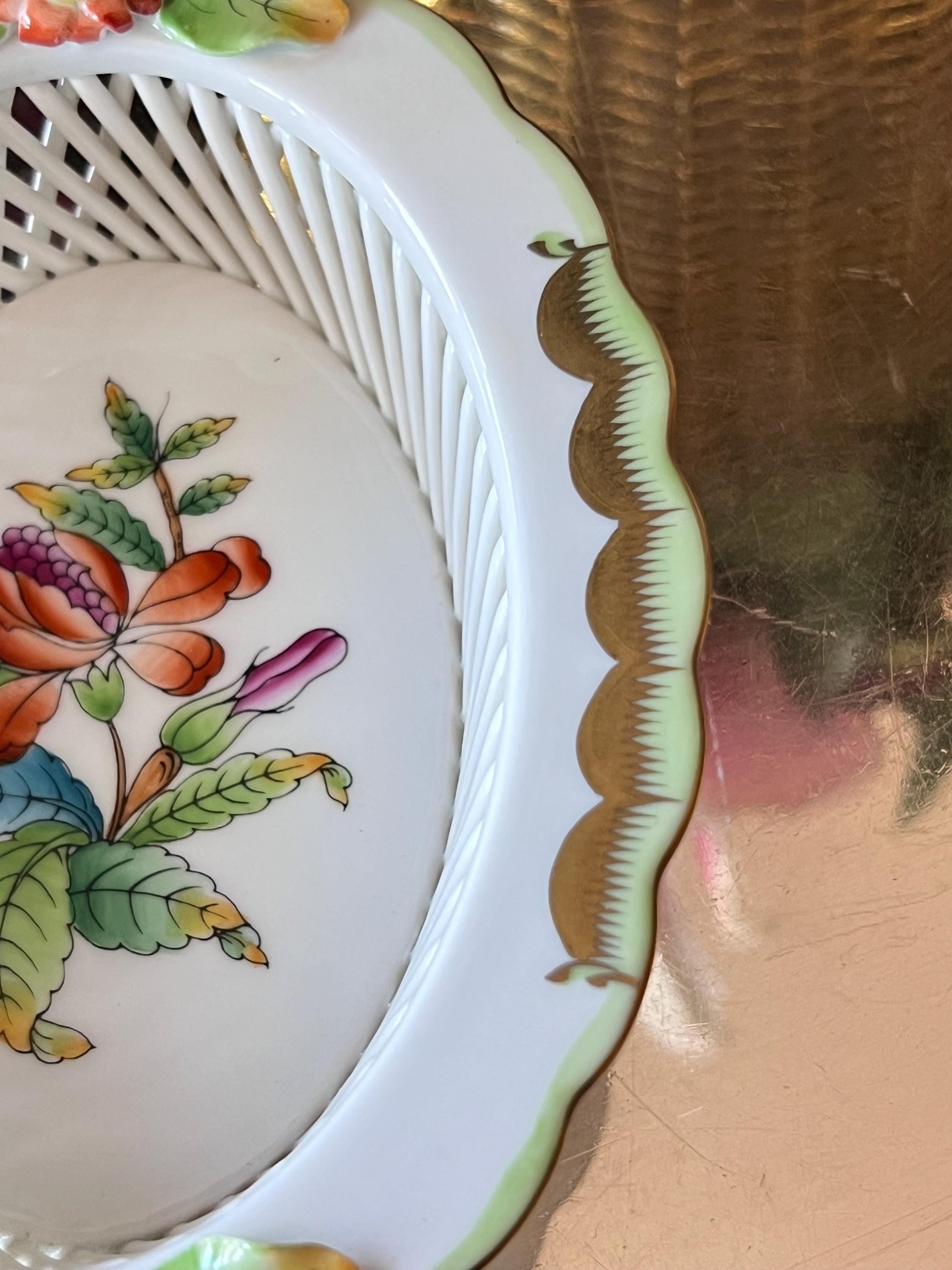 Herend Queen Victoria Open Work Oval Basket With Applied Flowers