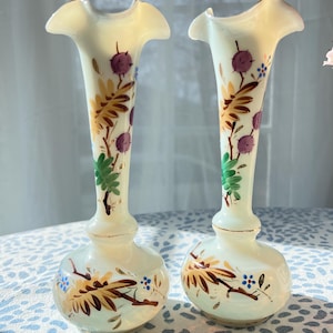 Beautiful pair of antique Bristol opaline glass vases with hand-painted design // ruffled rim // gilt accents // floral design