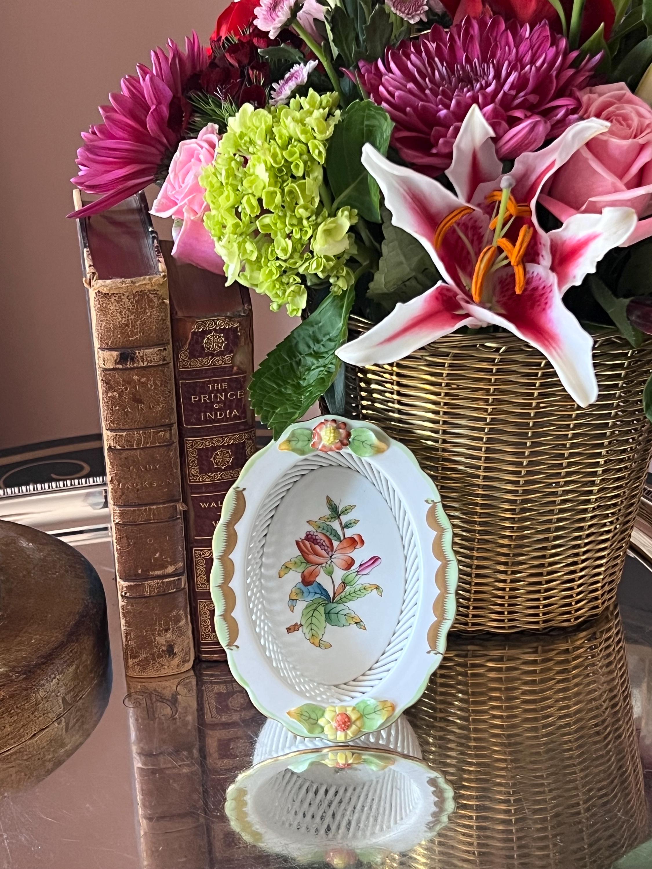 Herend Queen Victoria Open Work Oval Basket With Applied Flowers