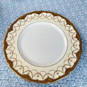 Tiffany and Co. Gold encrusted dinner plate // Royal Doulton // gold swag and shagreen border on custard-colored band // replacement