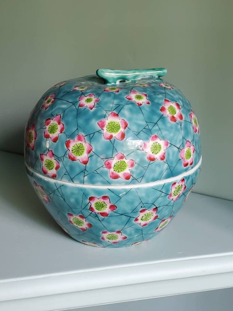 Chinoiserie ceramic apple jar with lid // decorative jar // Etsy