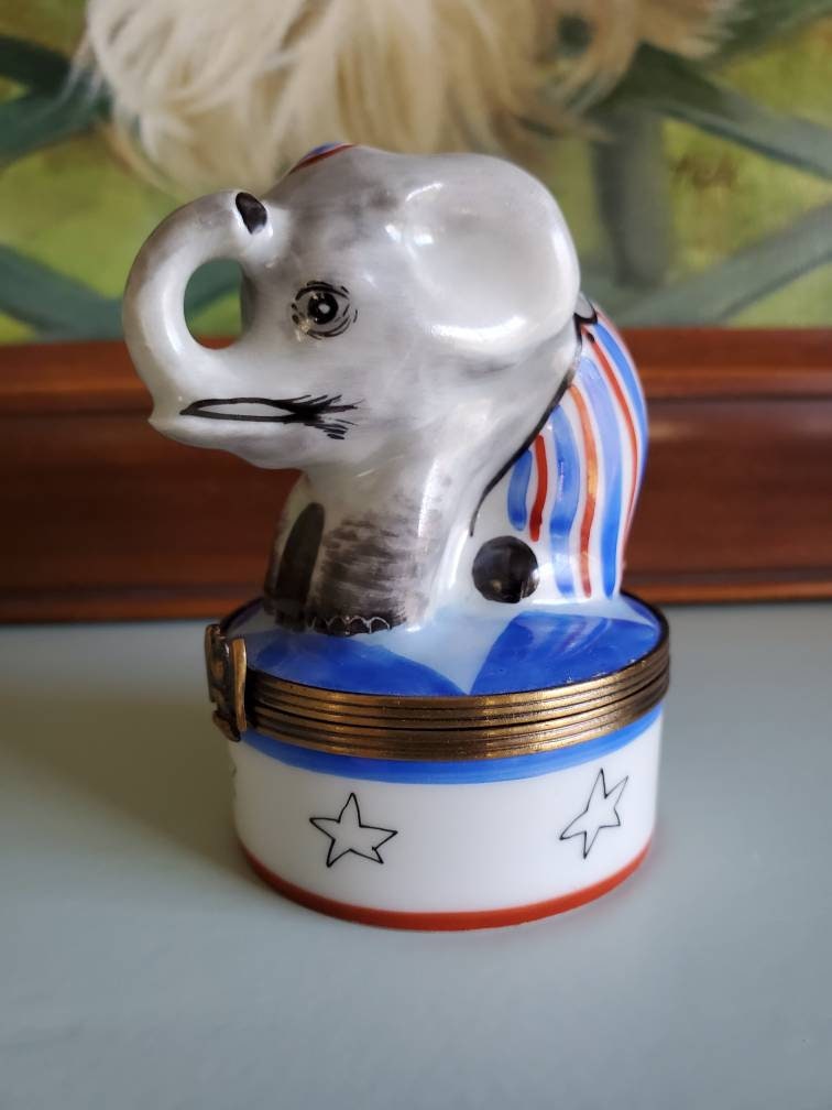 Limoges porcelain elephant box // Peint main // red white blue Etsy