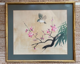 Chinese painting on silk // cherry blossoms and bird // cherry blossoms  // gold faux bamboo frame // glare free glass // chinoiserie decor