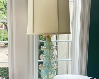 Midcentury Murano blown glass lamp // pale aqua with gold leaf flecks // gilt plinth base // Aventurine glass // Avventiruna Venetian glass