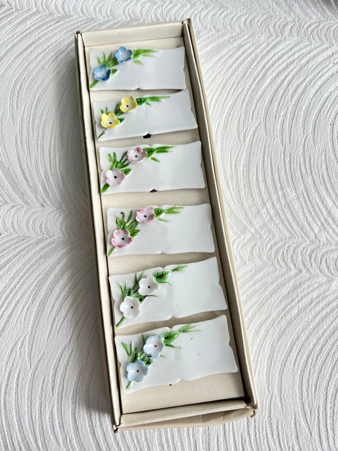 Set of 6 Floral Place Card Holders in Original Box // La Fleur // Place