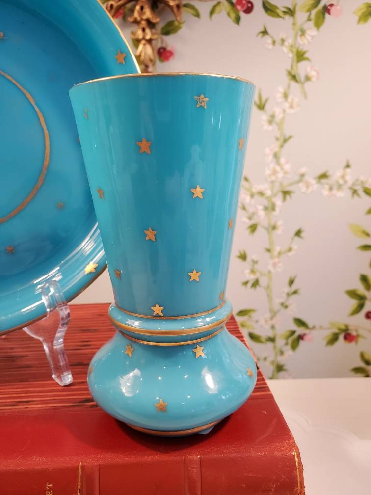 Beautiful PV Blue Opaline Glass Vase and Matching Plate