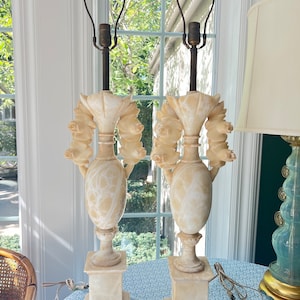 GORGEOUS pair of HUGE antique alabaster lamps // carved alabaster // antique // elegant // carved flower // Italian Alabaster // large scale
