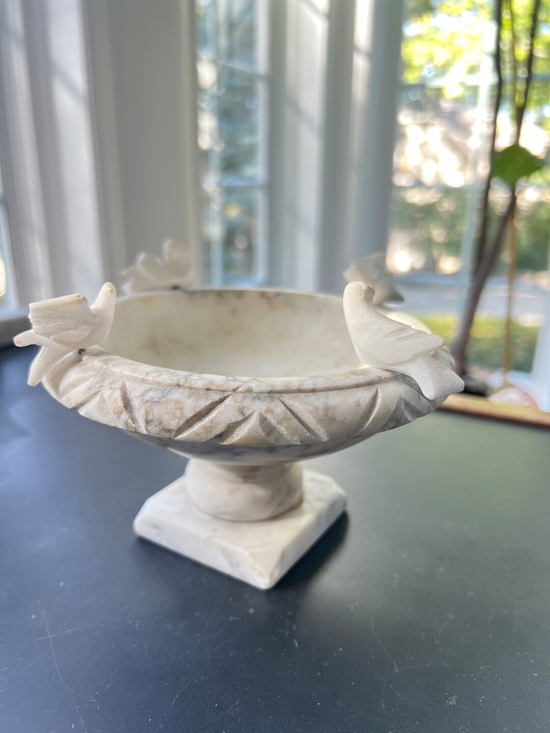 Beautiful Handcarved Alabaster Pedestal Bowl // Birds // Made Etsy