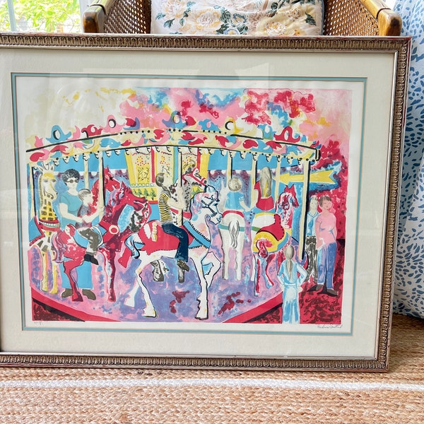 Signed art print of carousel scene // colorful artwork // nursery decor // playroom decor // framed and matted // Barbara Southard