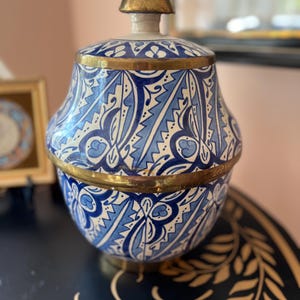 Beautiful Moroccan clay butter jar with hand-painted design and metal band accents // handmade vintage clay pot // clay vase // antique?