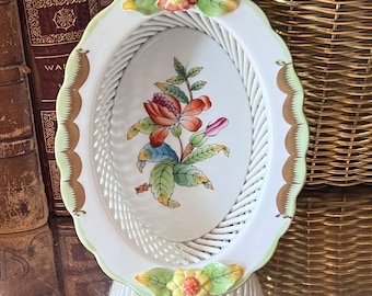 Herend Queen Victoria Open Work Oval Basket With Applied Flowers