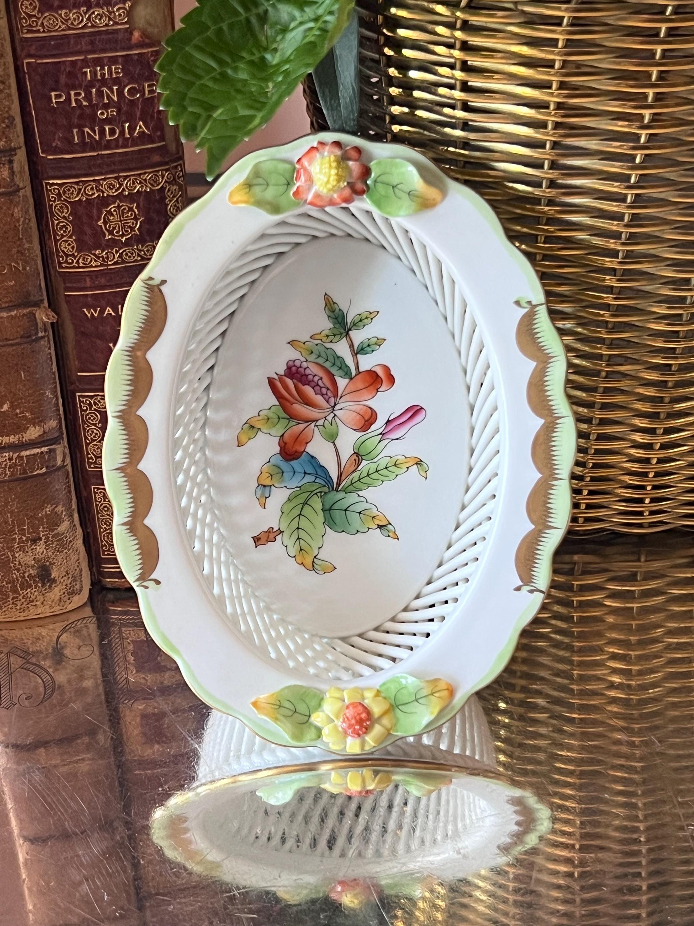 Herend Queen Victoria Open Work Oval Basket With Applied Flowers