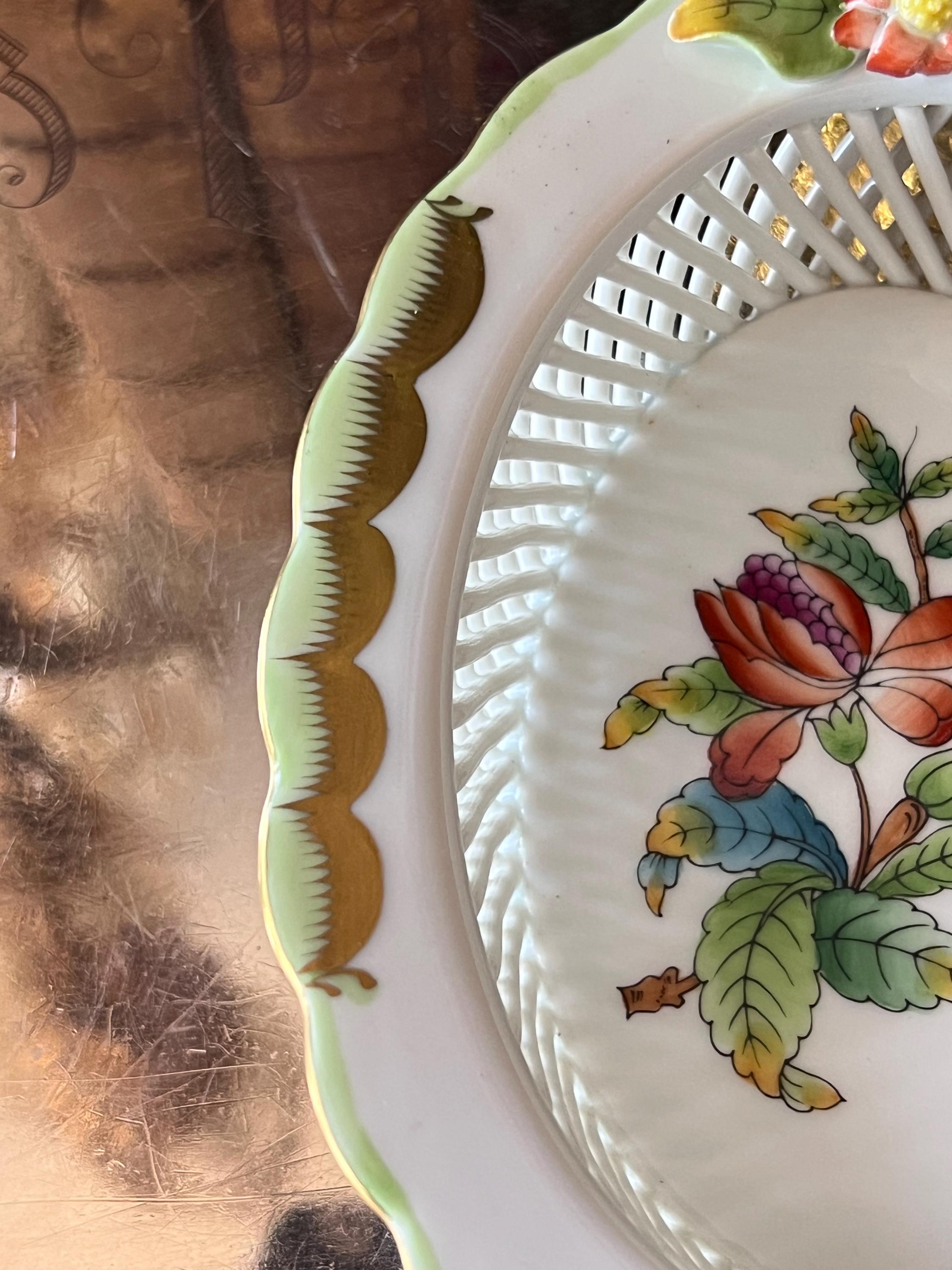 Herend Queen Victoria Open Work Oval Basket With Applied Flowers