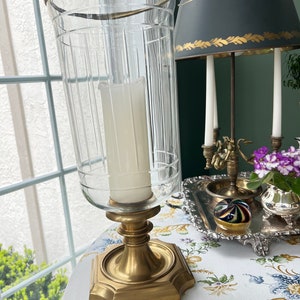 Brass candlestick hurricane lamp // Ralph Lauren style // elegant pillar candle holder with decorative glass hurricane shade and brass rim