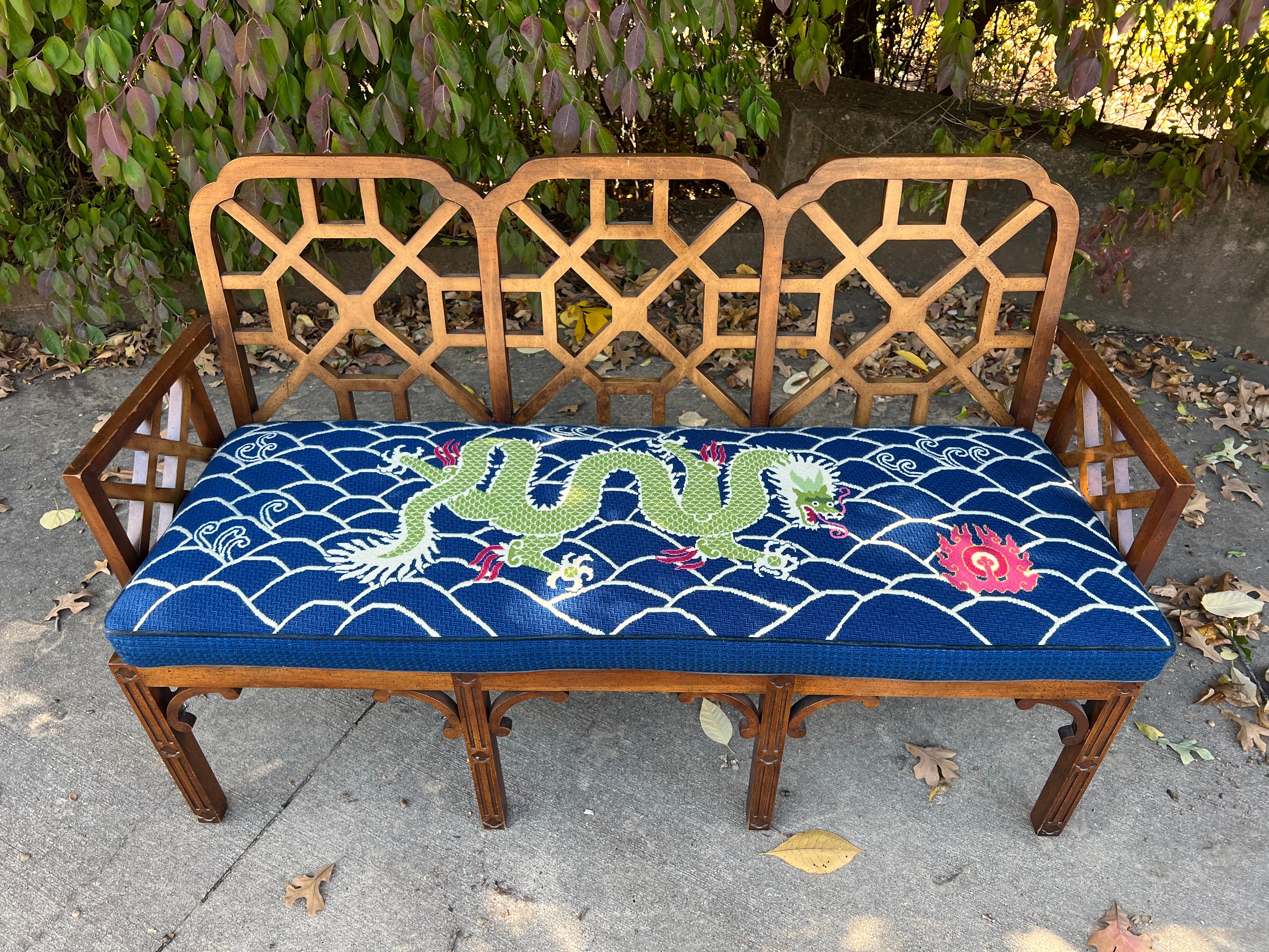 HOLD for Sara . Chinese Chippendale Three seat Bench With Caned