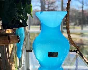 Fratelli Ferro blue opaline glass vase // Made in Italy // Murano art glass with original label // Collectible midcentury glass //