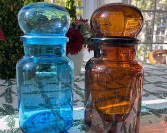 Vintage Belgian apothecary jars with lids // blue and brown glass jars // Storage jars // vintage glassware // cool pantry storage jars