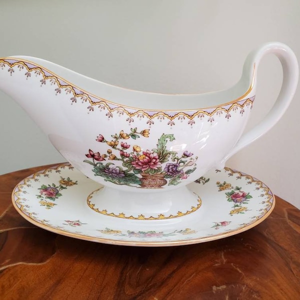 SPODE Copeland China sauce pitcher // Gravy boat with saucer // "Peplow"  Made in England // fine china // Chinoiserie // English China